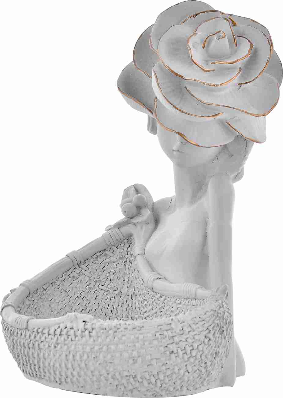 Decorative White Lady with Basket Statue for Home Decor