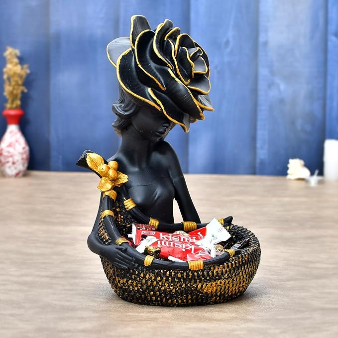 Elegant Black Lady Statue with Basket | for Living Room | Office | Gift Ideas