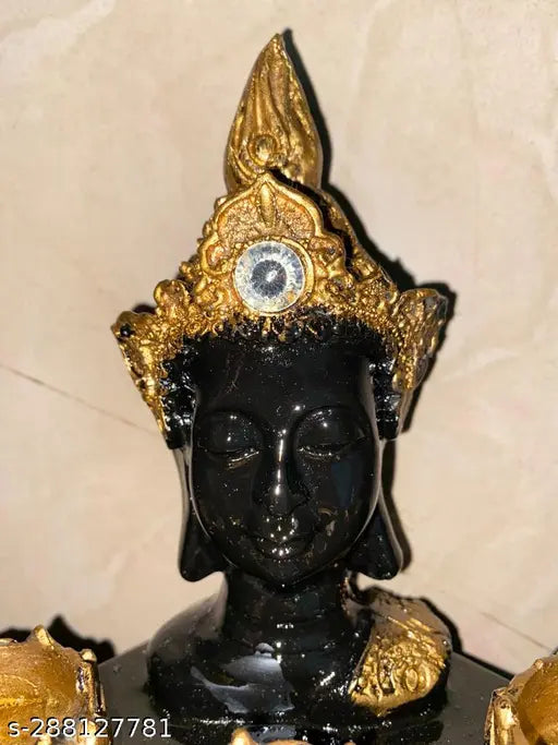 Antique Black Golden Buddha Face with Crown and Wooden Base Showpiece