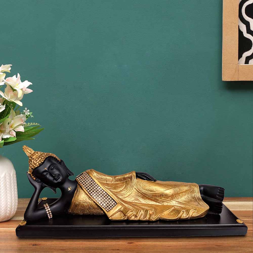 Antique Black Golden Sleeping Buddha on Wooden Base Showpiece