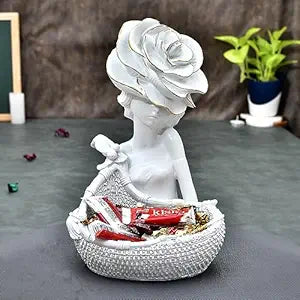 Decorative White Lady with Basket Statue for Home Decor