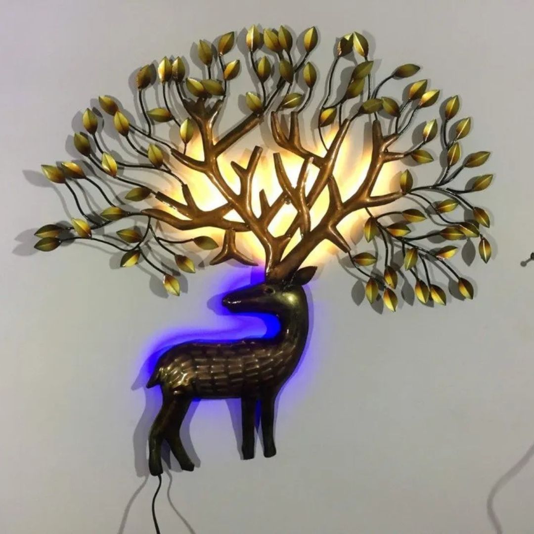 Elegant Deer Wall Art with Golden Leaves and LED Glow