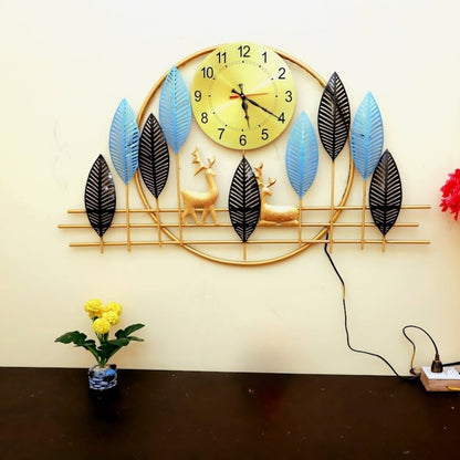 Golden Clock Wall Art with Blue Leaves and Deer Decoration