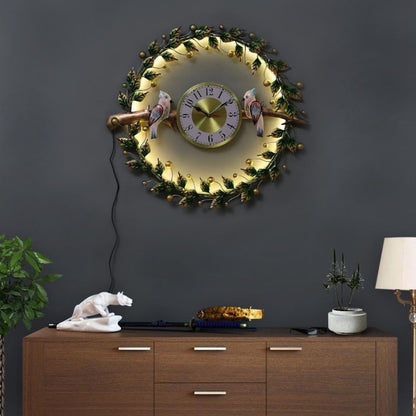 Golden Leaf Clock with LED Lighting & Bird Wall Art Decor
