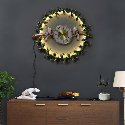 Golden Leaf Clock with LED Lighting & Bird Wall Art Decor