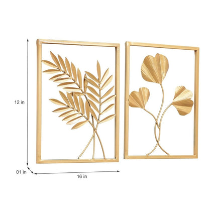 Golden Palm Leaf and Floral Wall Art Set in Rectangular Frames