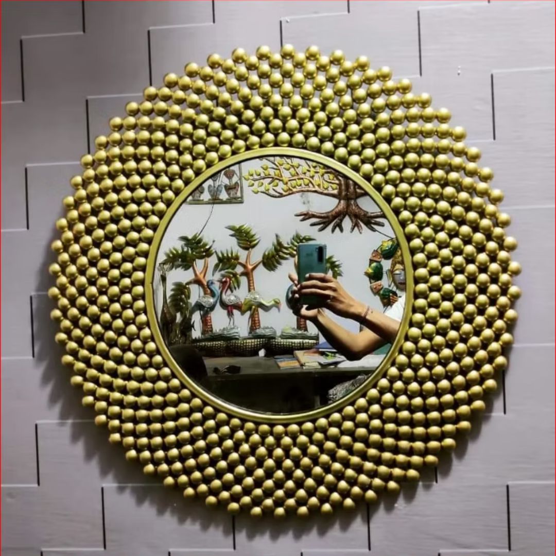 Golden Round Beaded Mirror with Chic Decorative Frame