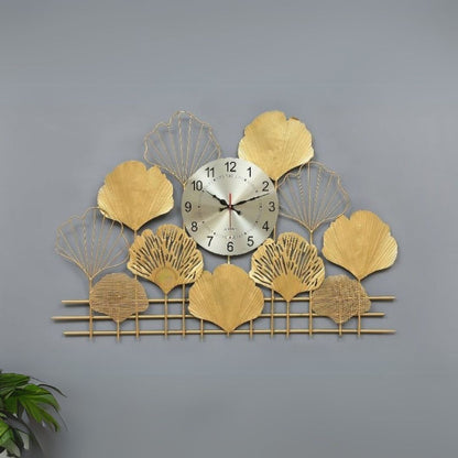 Golden Wall Clock with Leaves Shapes Design for Dining Room