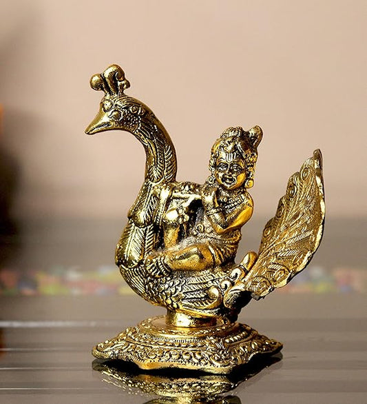 Handcrafted Laddu Gopal Playing Basuri on Peacock Decorative Showpiece