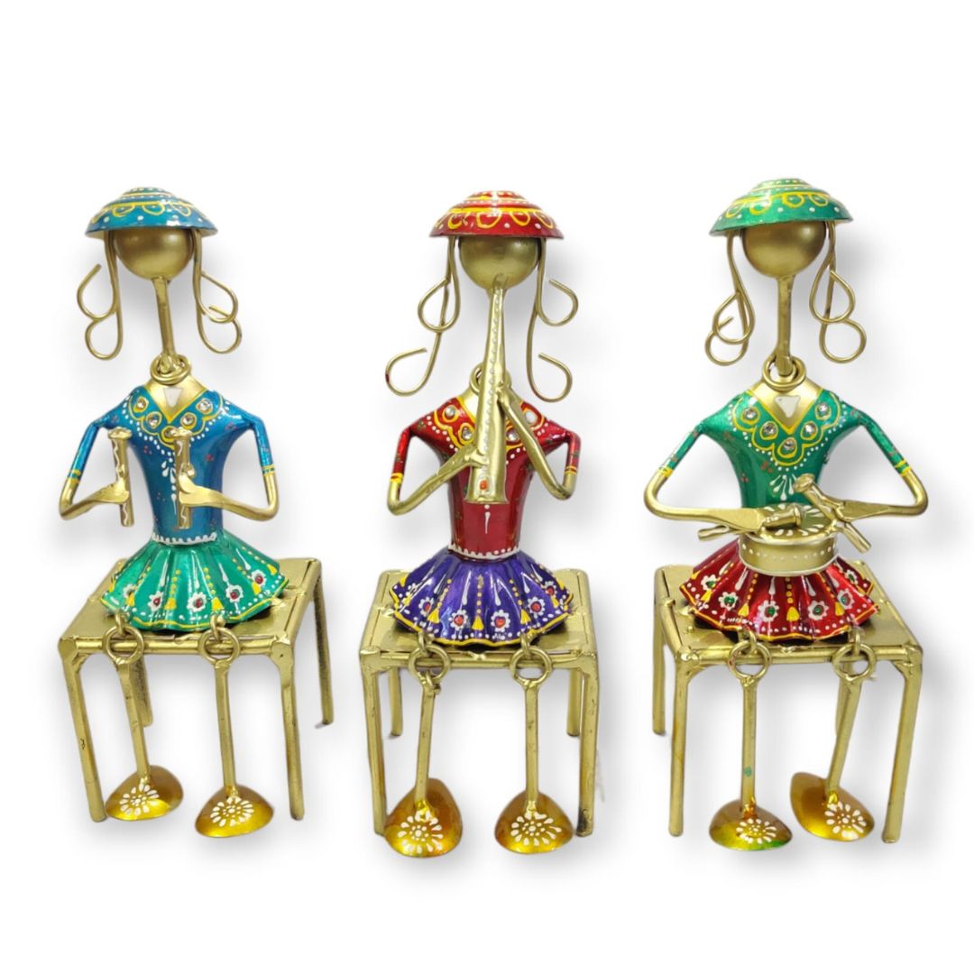 Handcrafted Iron Lady Musical with Stool Set of 3 Decor