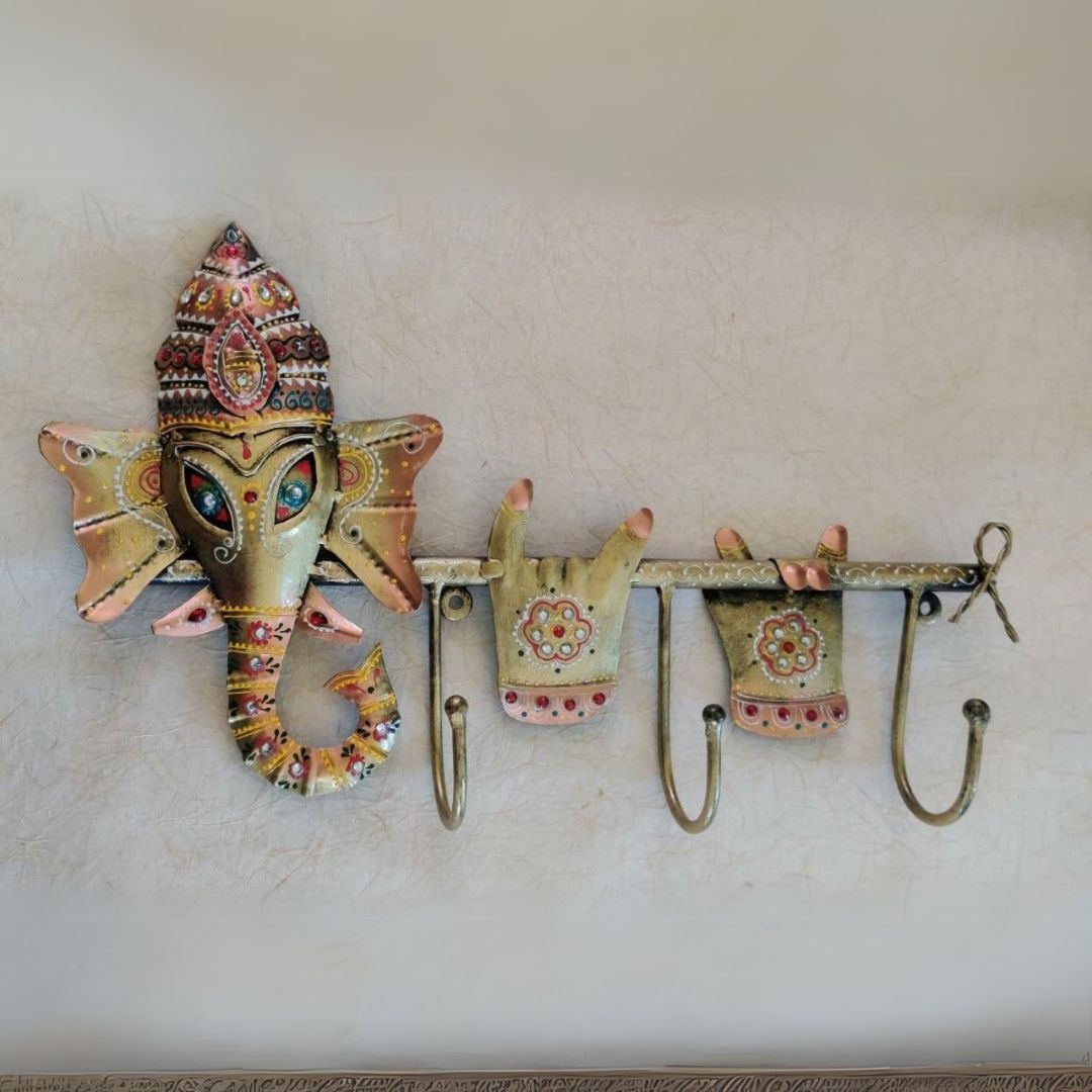 Iron Painted Ganesh Wall Key Holder with 3 Hooks