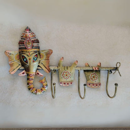 Iron Painted Ganesh Wall Key Holder with 3 Hooks