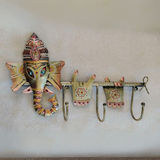 Iron Painted Ganesh Wall Key Holder with 3 Hooks