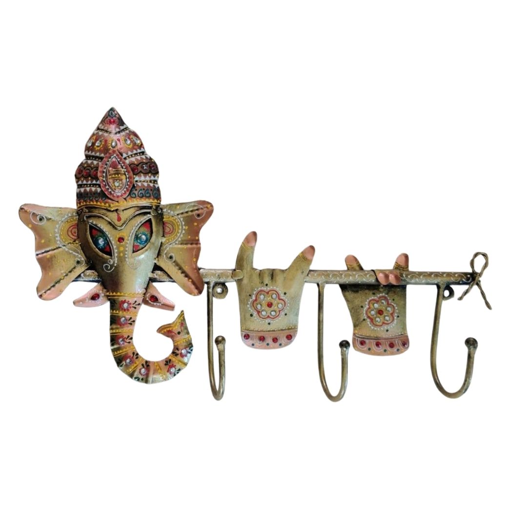 Iron Painted Ganesh Wall Key Holder with 3 Hooks