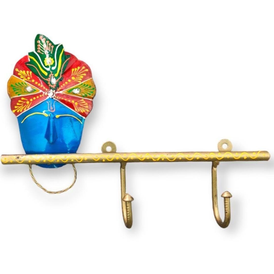 Iron Painted Krishna Wall Key Holder with 2 Hooks for Home