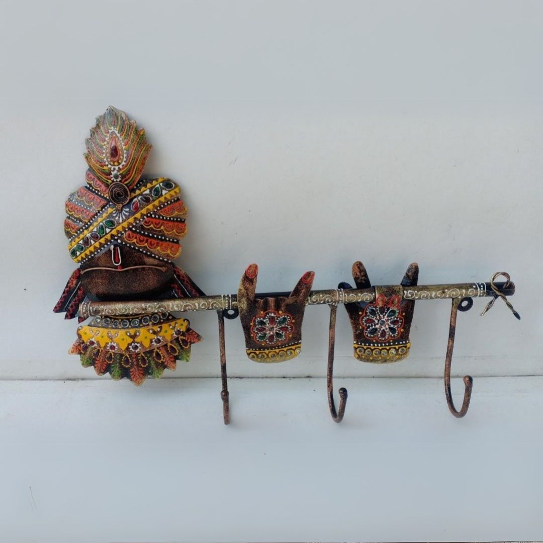 Iron Painted Krishna Wall Key Holder with 3 Hooks for Wall