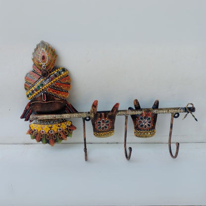 Iron Painted Krishna Wall Key Holder with 3 Hooks for Wall