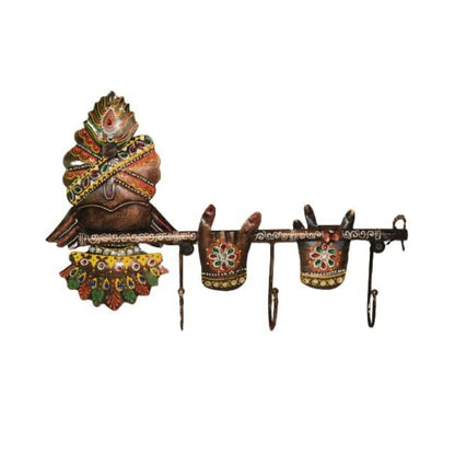 Iron Painted Krishna Wall Key Holder with 3 Hooks for Wall