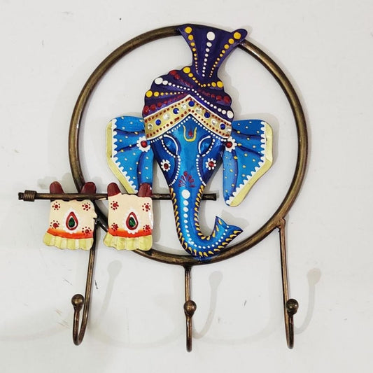 Iron Painted Wall Ganesh Key Holder with 3 Hooks for Gifting