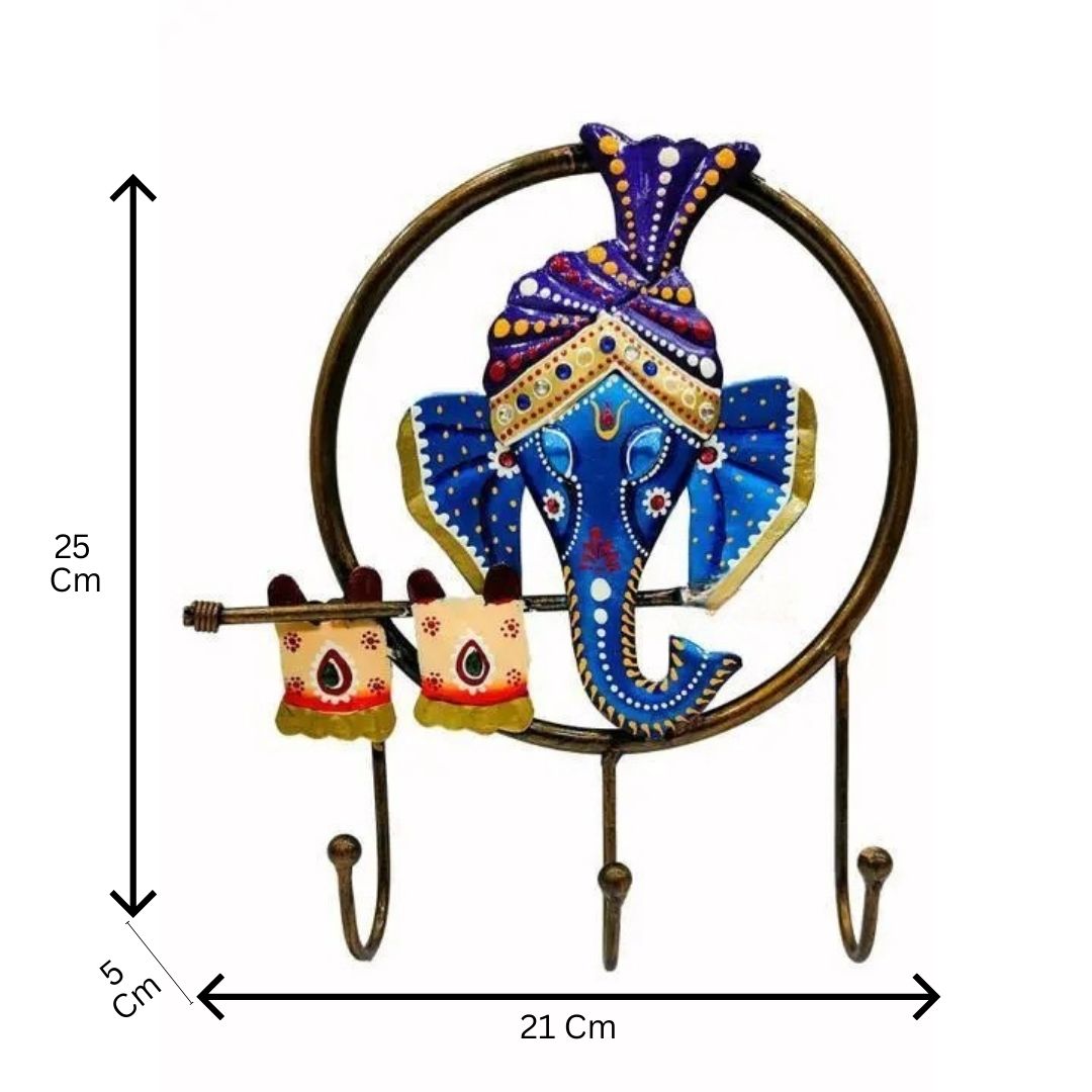 Iron Painted Wall Ganesh Key Holder with 3 Hooks for Gifting