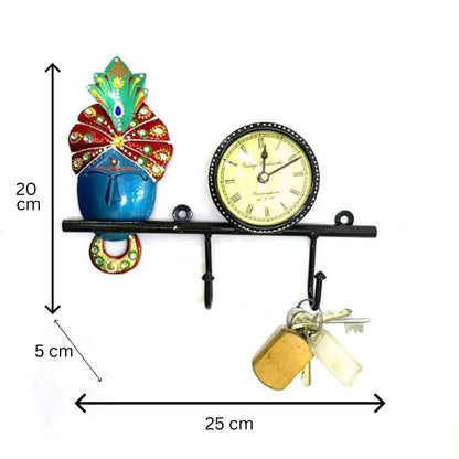 Iron Painted Wall Krishna Hook with Clock  Decorative Key Holder