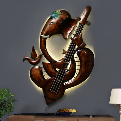 Metal Ganesha Wall Art with Musical Instrument and Backlighting