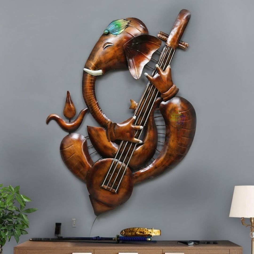 Metal Ganesha Wall Art with Musical Instrument and Backlighting