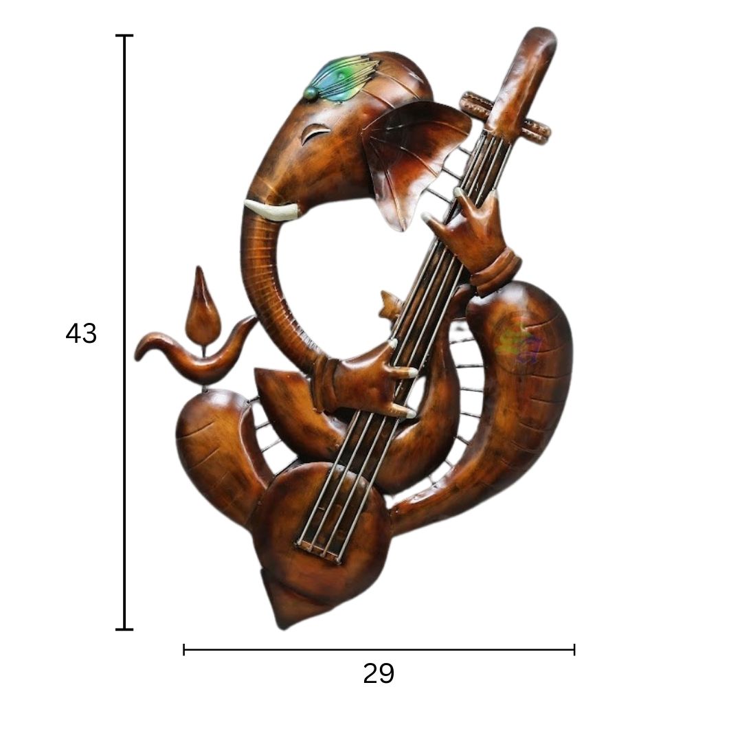 Metal Ganesha Wall Art with Musical Instrument and Backlighting