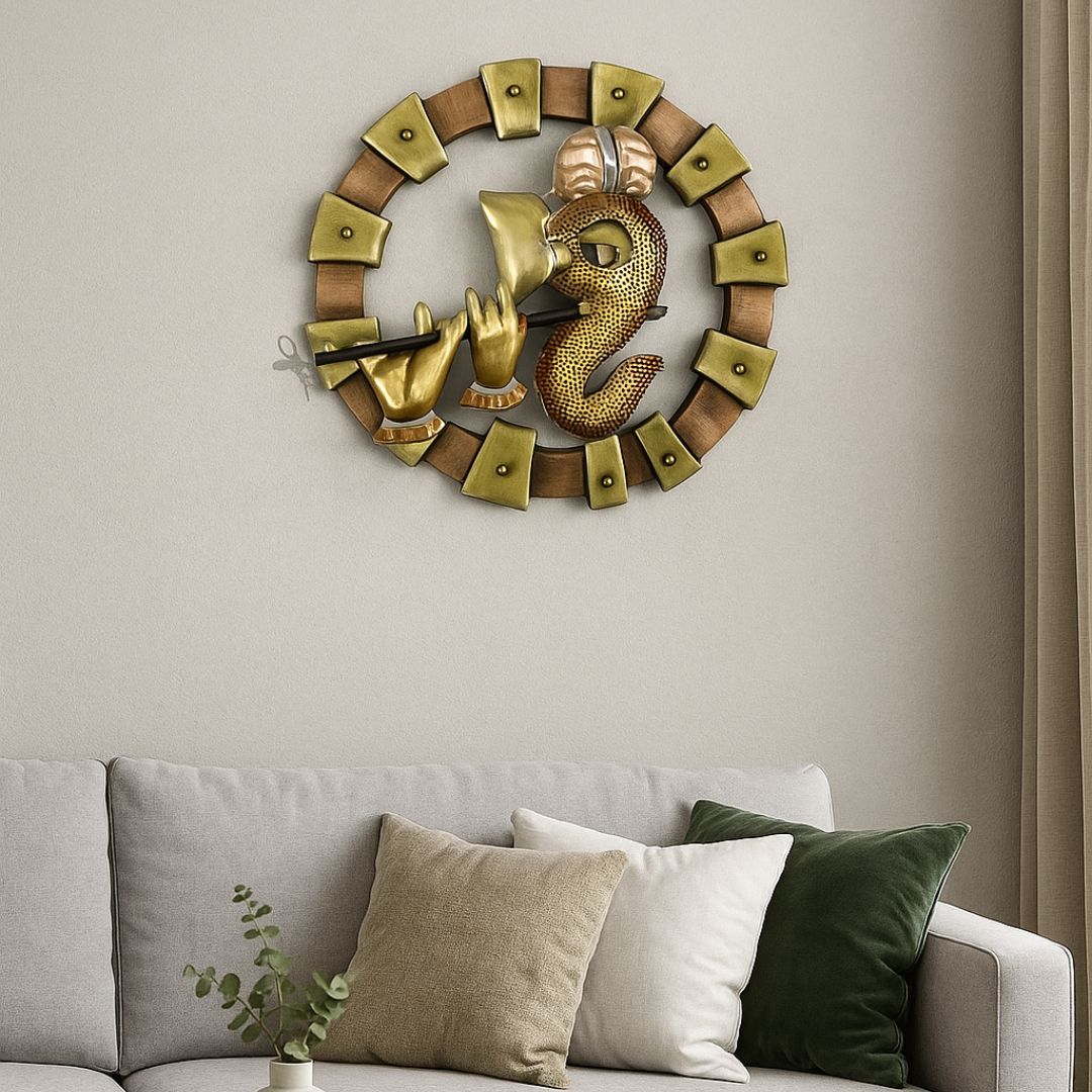 Metal Wall Art of Lord Ganesh Playing Flute  Circular Design