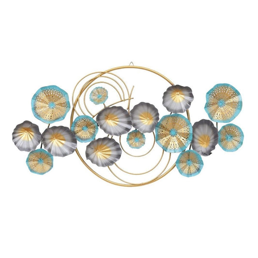 Metallic Flower Wall Art in Gold, Silver, and Turquoise Circles