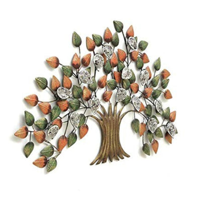 Metallic Tree Wall Art with Colorful Leaves & Crystal Decor