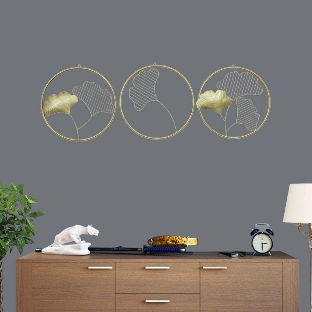 Modern Gold Ginkgo Wall Art  Circle Set for Trendy Decor