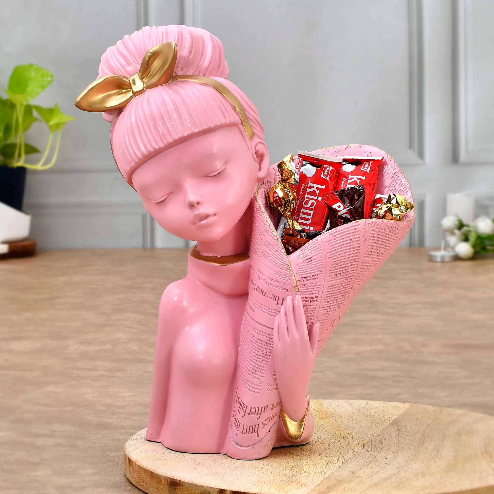 Pink Lady with Basket Decorative Flower Statue