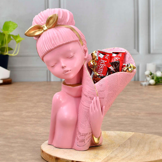 Pink Lady with Basket Decorative Flower Statue