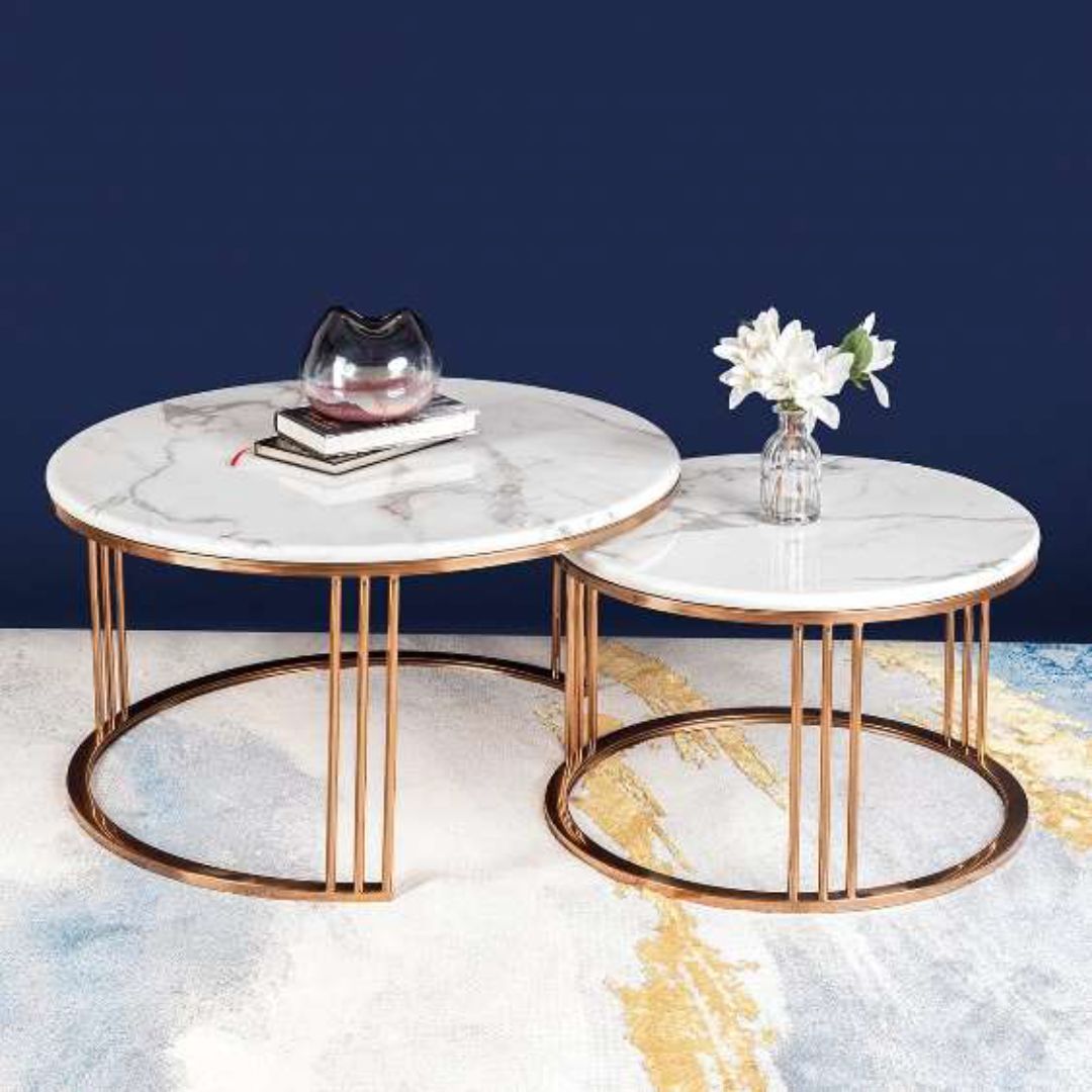 Premium Marble Coffee Table Set  Gold Finish for Living Room