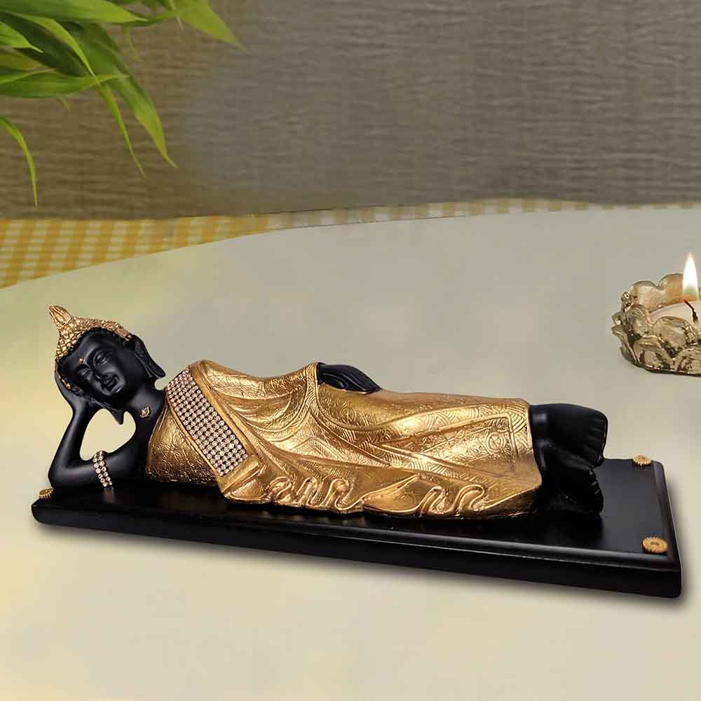 Antique Black Golden Sleeping Buddha on Wooden Base Showpiece