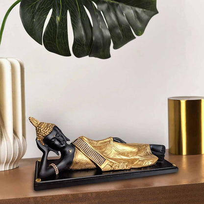 Antique Black Golden Sleeping Buddha on Wooden Base Showpiece